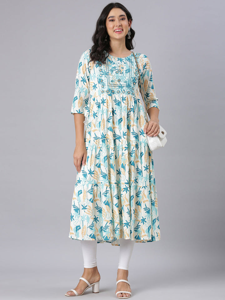 Neerus Teal Anarkali Casual Floral Kurtas
