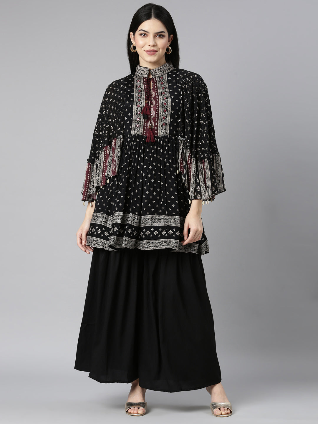 Neerus Black floral printed kurta set with sharara - front view