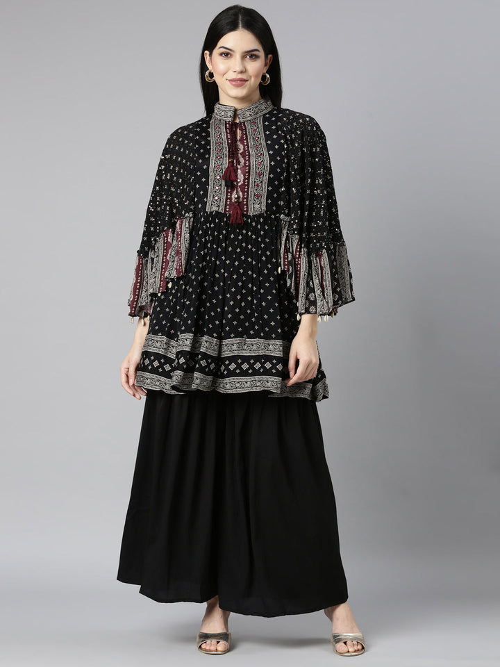 Neerus Black floral printed kurta set with sharara - front view