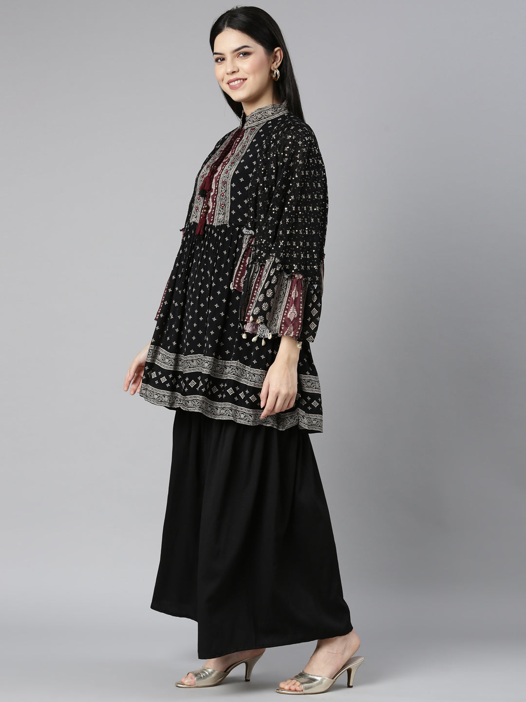 Neerus Black floral printed kurta set with sharara - back view