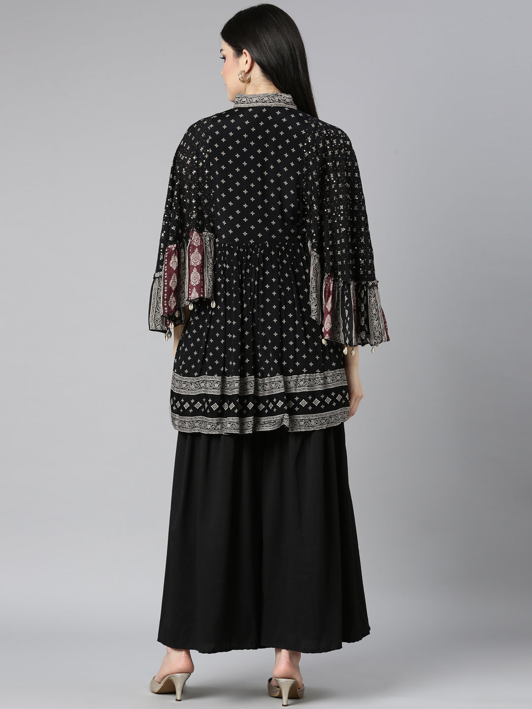 Neerus Black floral printed kurta set with sharara - side view
