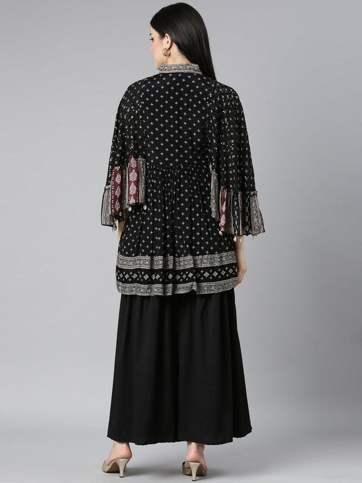 Neerus Black floral printed kurta set with sharara - side view