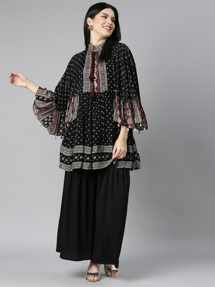 Neerus Black floral printed kurta set with sharara - detail view 2