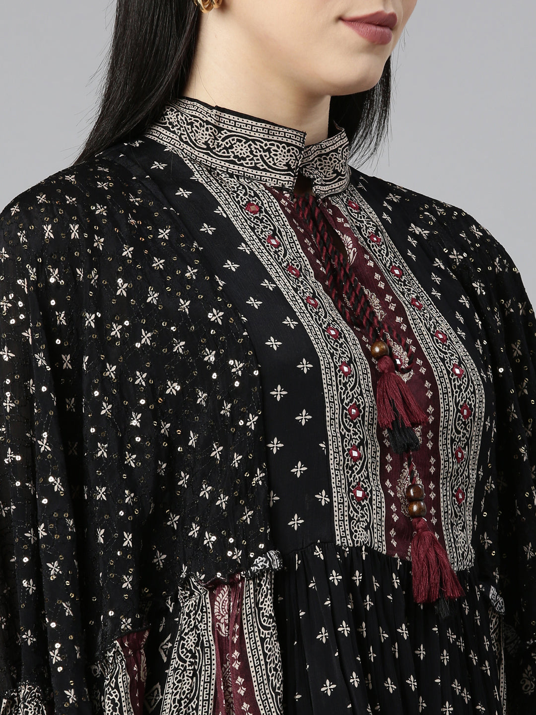 Neerus Black floral printed kurta set with sharara - detail view 1