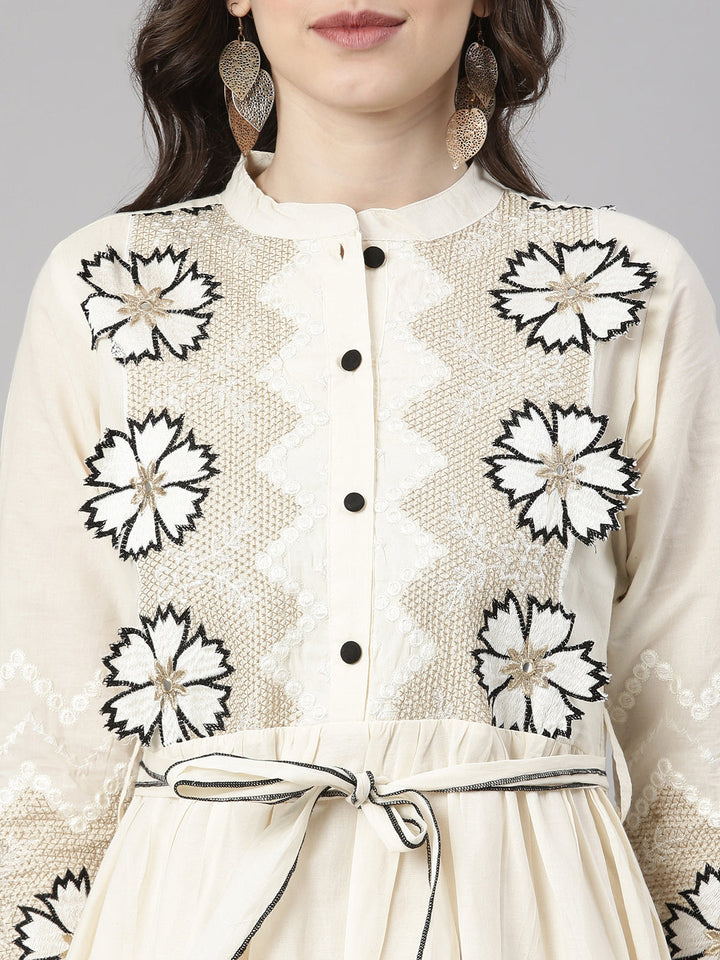 Neerus Cream Casual Solid Anarkali Kurtas