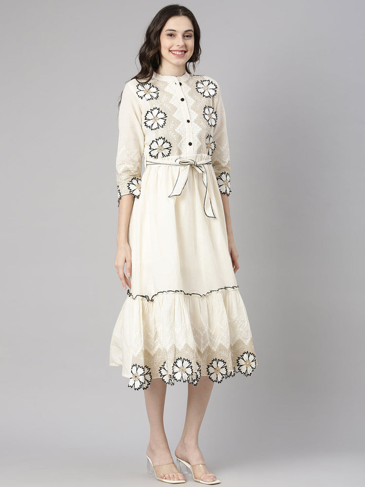 Neerus Cream Casual Solid Anarkali Kurtas