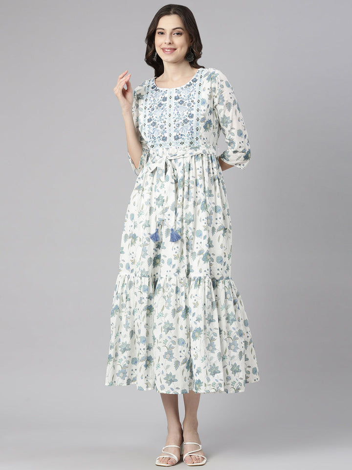 Neerus White Casual Maxi Floral Dresses