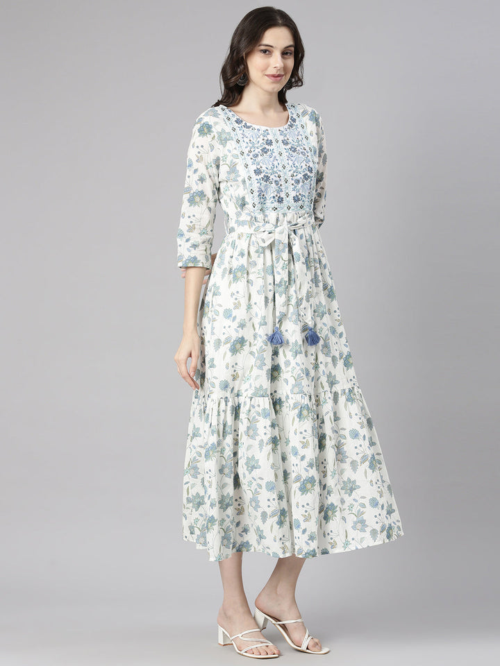 Neerus White Casual Maxi Floral Dresses