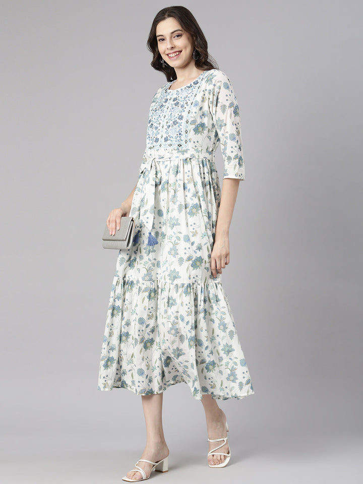 Neerus White Casual Maxi Floral Dresses