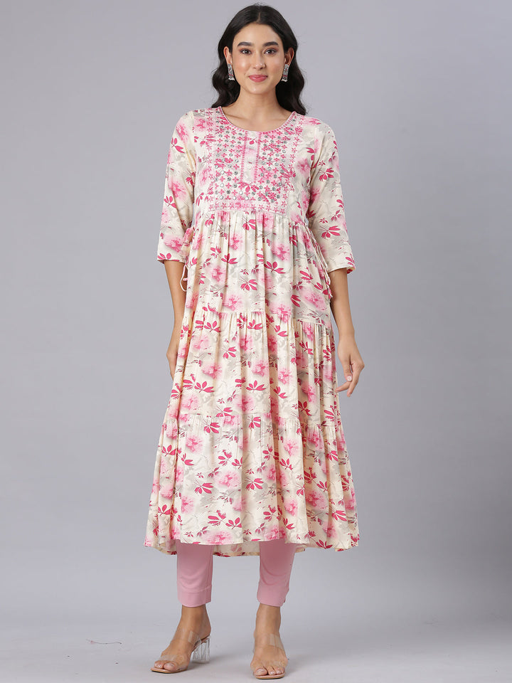Neerus Pink Anarkali Casual Floral Kurtas