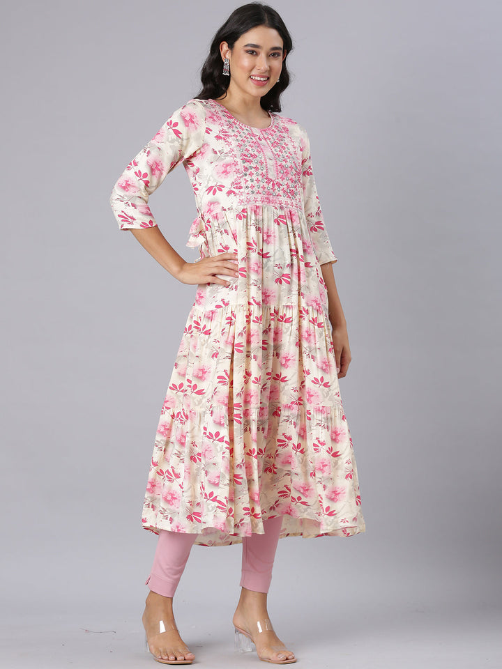 Neerus Pink Anarkali Casual Floral Kurtas