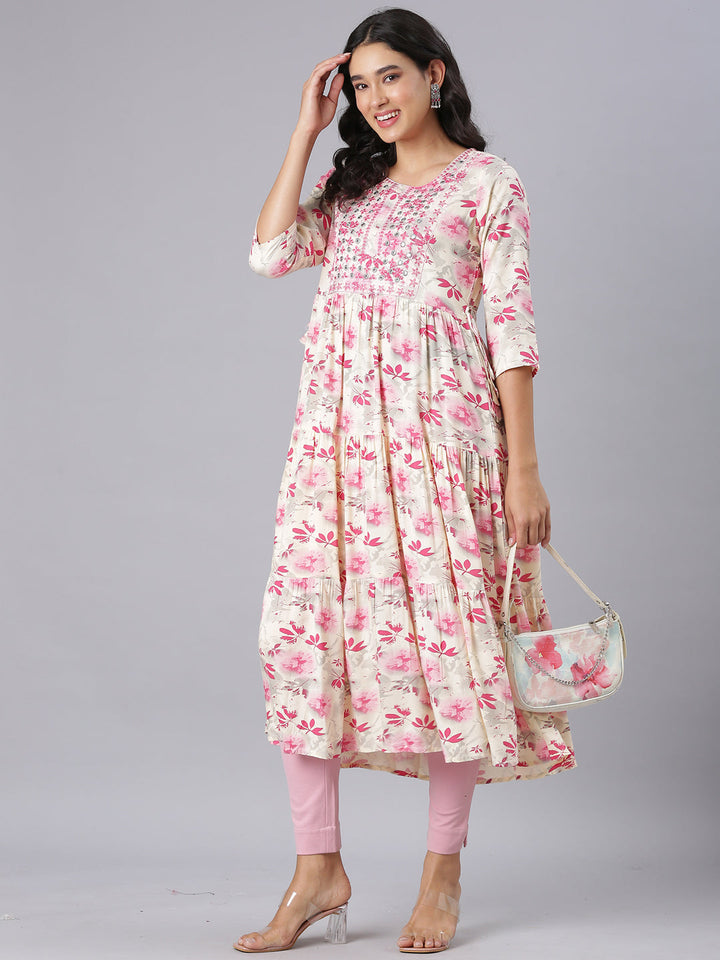 Neerus Pink Anarkali Casual Floral Kurtas