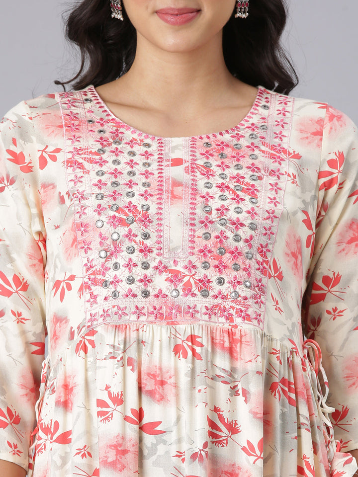 Neerus Red Anarkali Casual Floral Kurtas