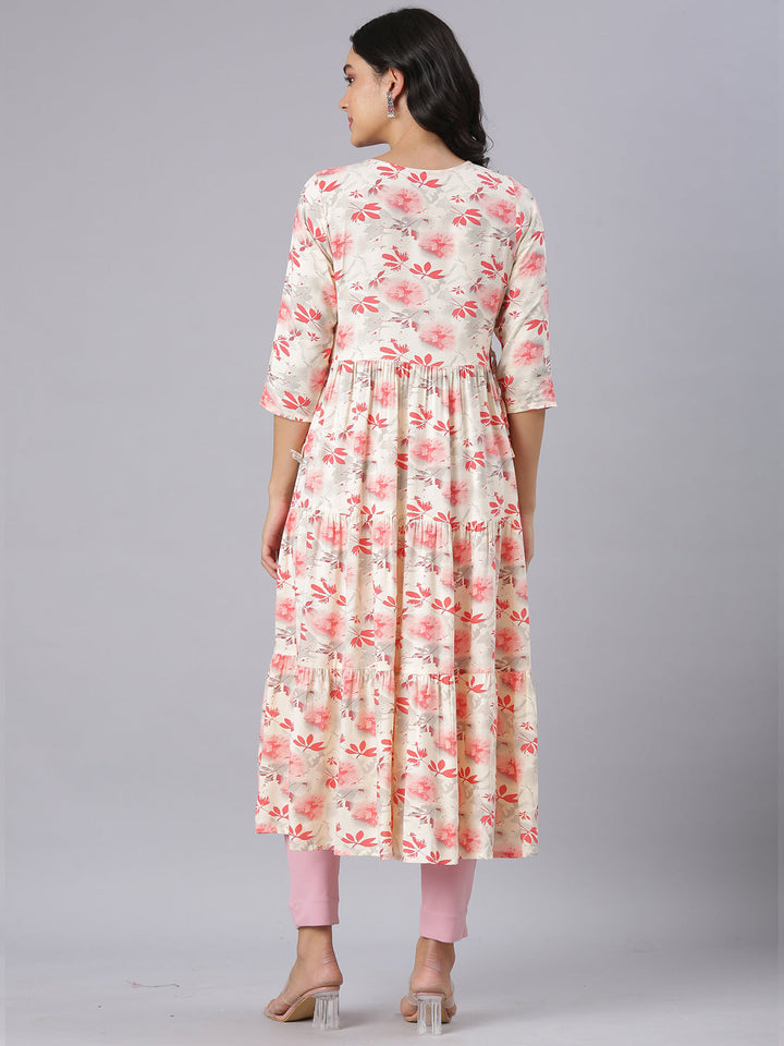 Neerus Red Anarkali Casual Floral Kurtas