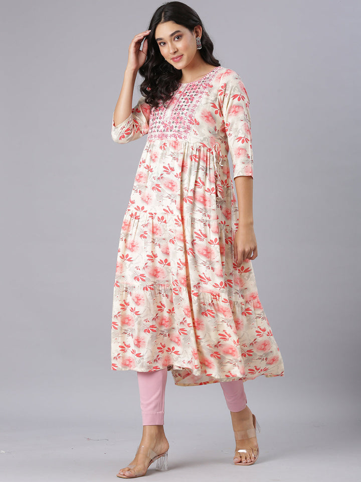 Neerus Red Anarkali Casual Floral Kurtas