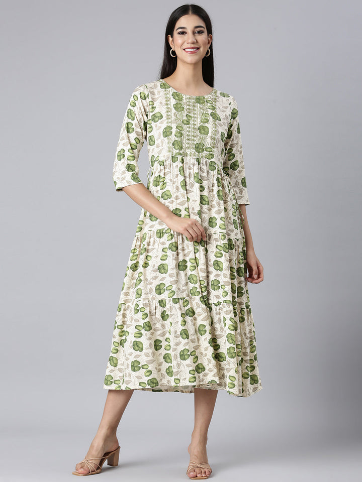 Neerus Cream Casual Floral Maxi Dresses