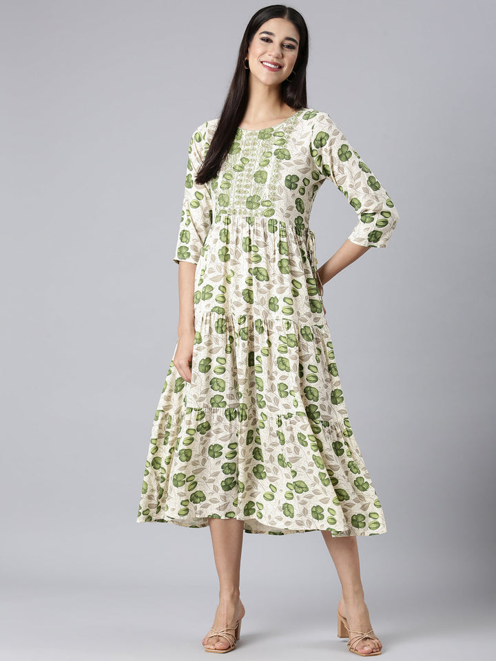 Neerus Cream Casual Floral Maxi Dresses