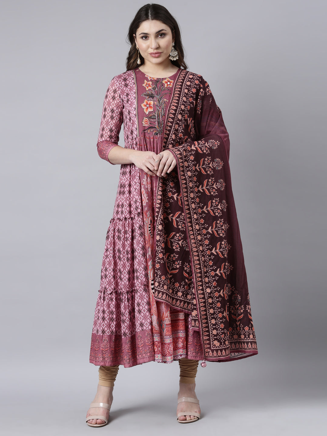 Neerus Pink cotton printed flared dress - detail view 2