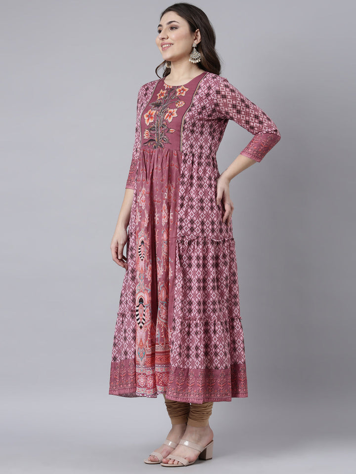 Neerus Pink cotton printed flared dress - back view