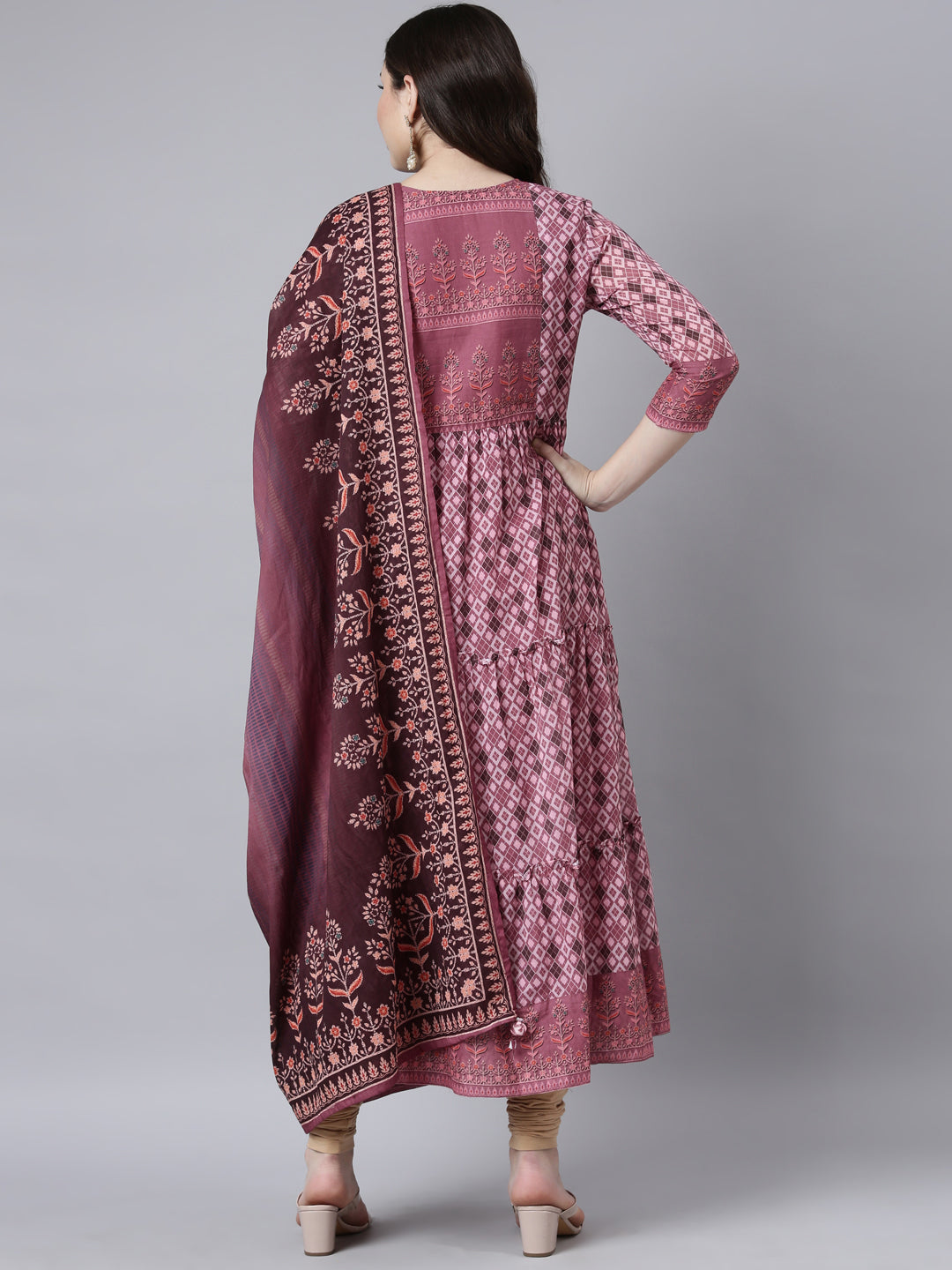 Neerus Pink cotton printed flared dress - side view