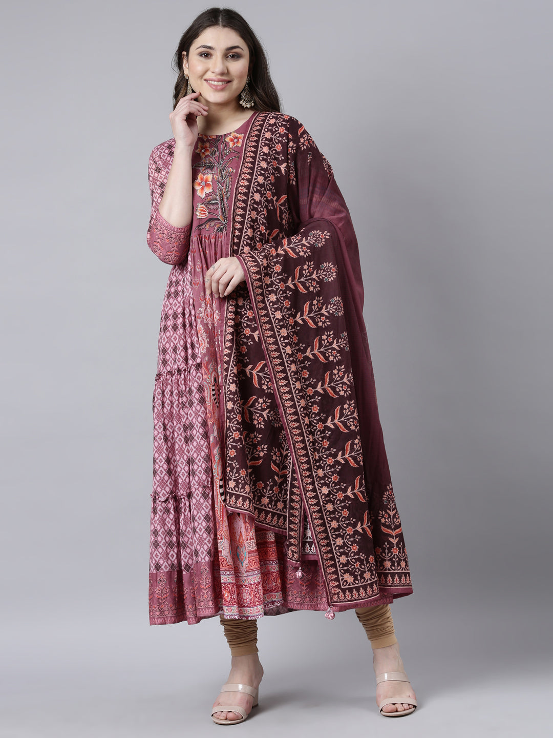 Neerus Pink cotton printed flared dress - front view