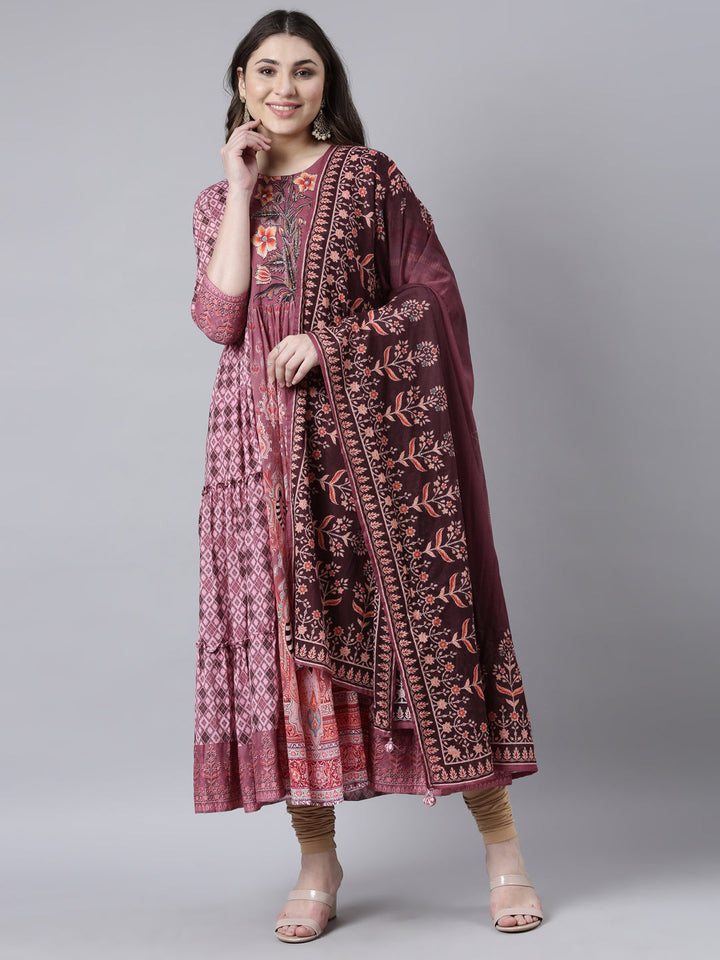 Neerus Pink cotton printed flared dress - front view