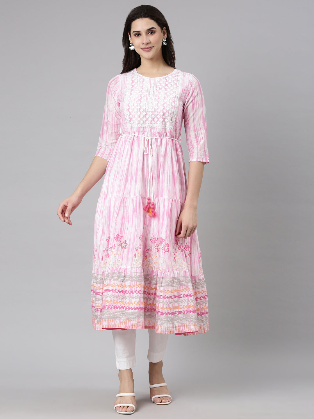 Neerus Pink georgette printed flared dress - front view