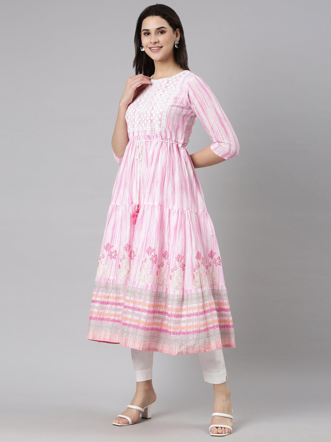 Neerus Pink georgette printed flared dress - back view