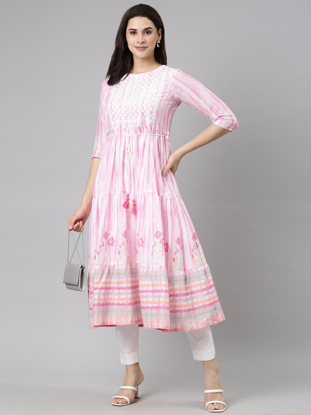 Neerus Pink georgette printed flared dress - detail view 2