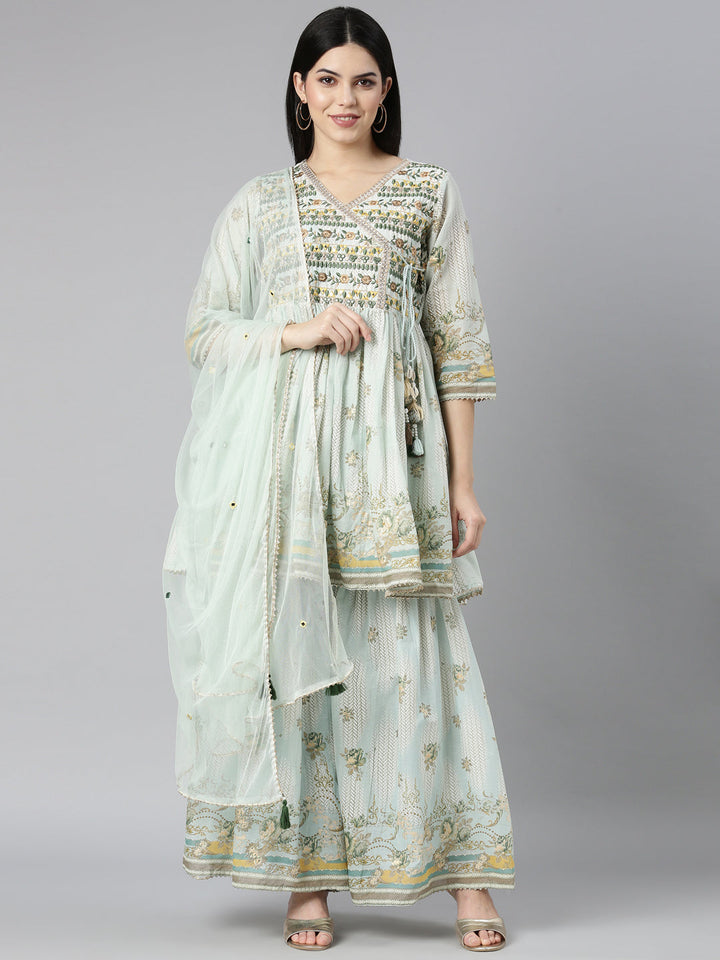 Neerus Blue printed floral kurta set with sharara and dupatta - front view