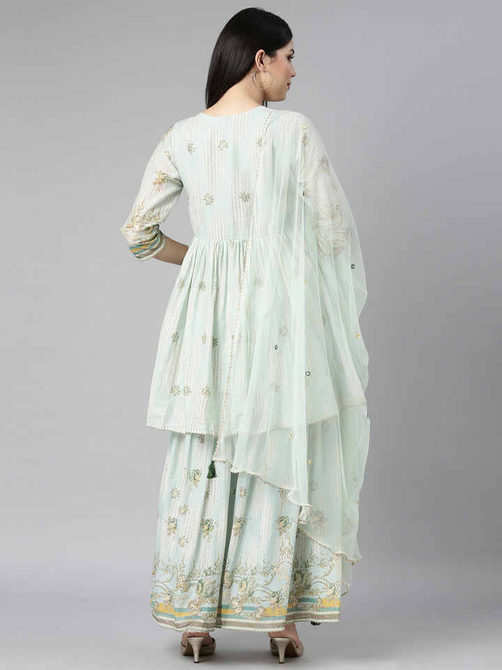 Neerus Blue printed floral kurta set with sharara and dupatta - side view
