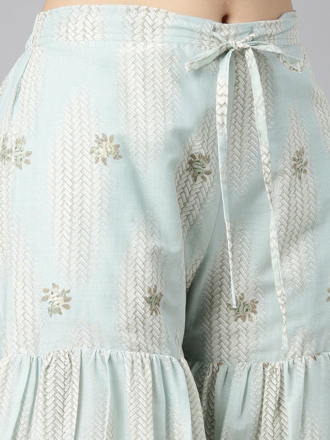 Neerus Blue printed floral kurta set with sharara and dupatta - detail view 3