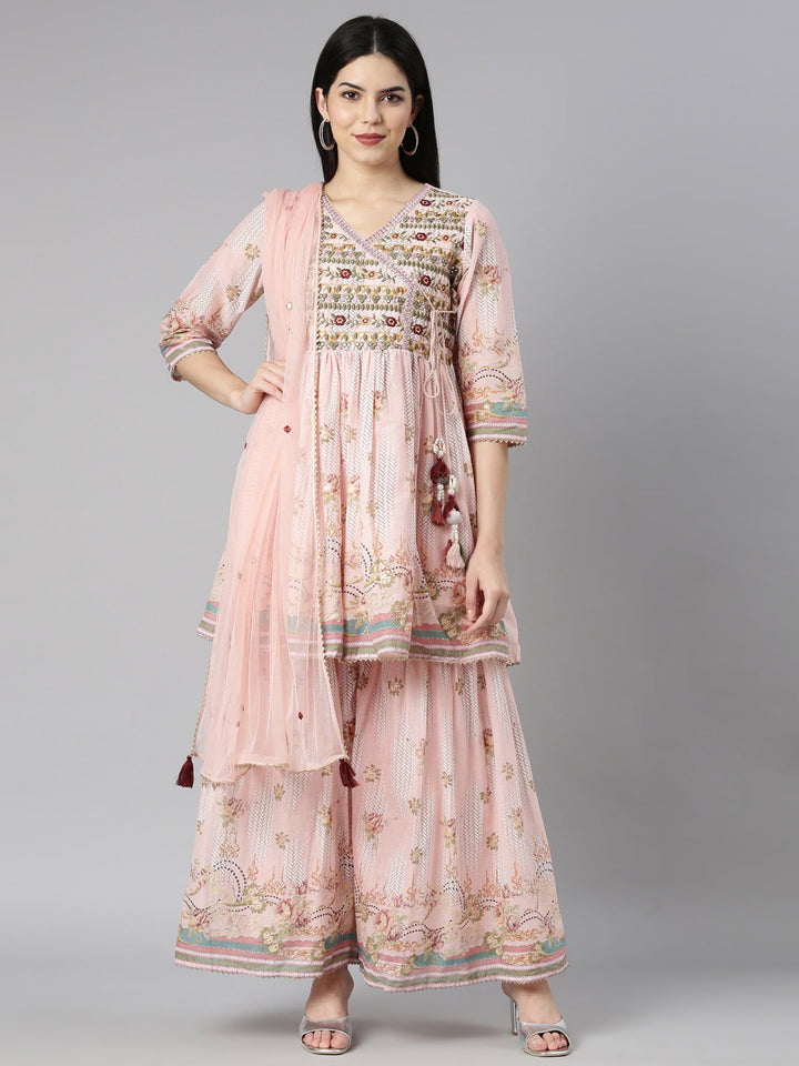 Neerus Orange cotton printed kurta set with sharara and dupatta - front view