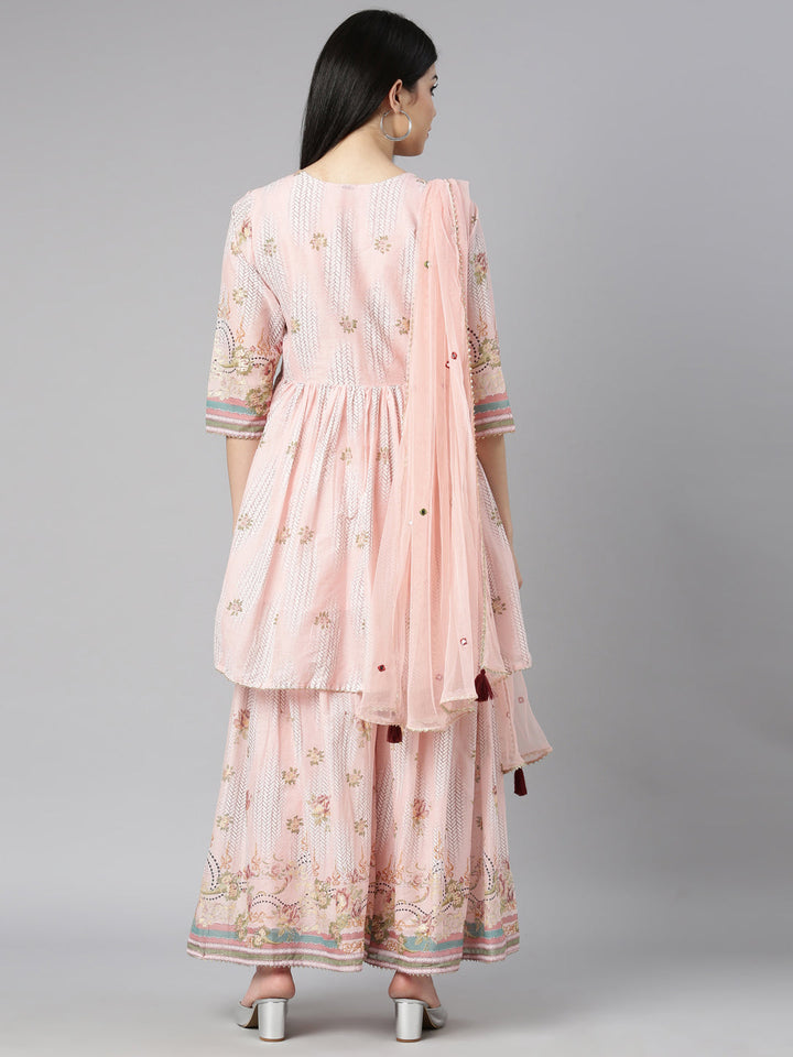 Neerus Orange cotton printed kurta set with sharara and dupatta - side view