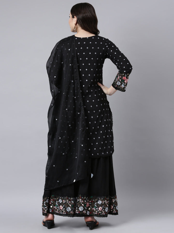 Neerus Black silk printed kurta sharara set - side view
