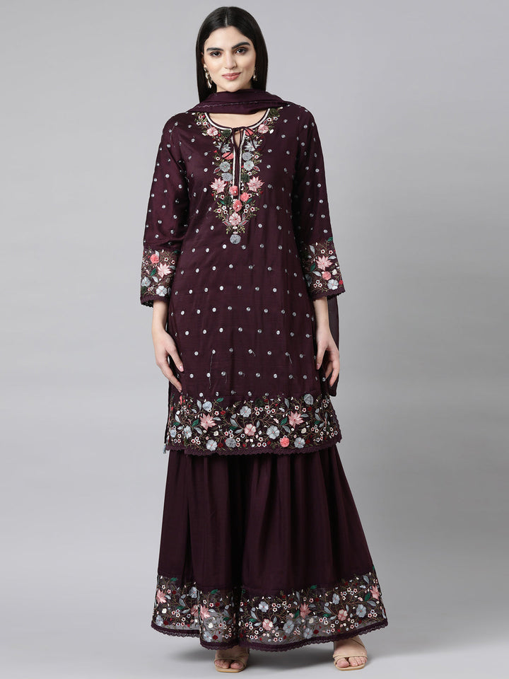 Neerus Purple silk printed sharara suit set - front view