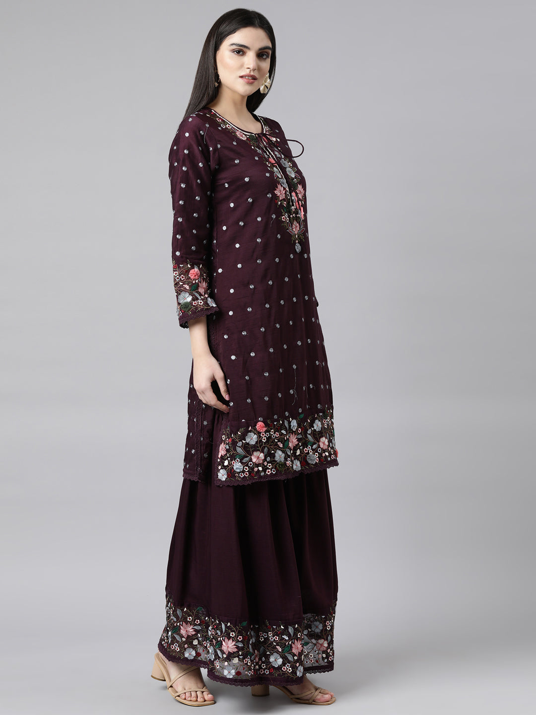 Neerus Purple silk printed sharara suit set - back view