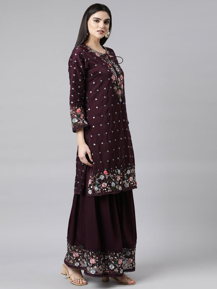 Neerus Purple silk printed sharara suit set - back view