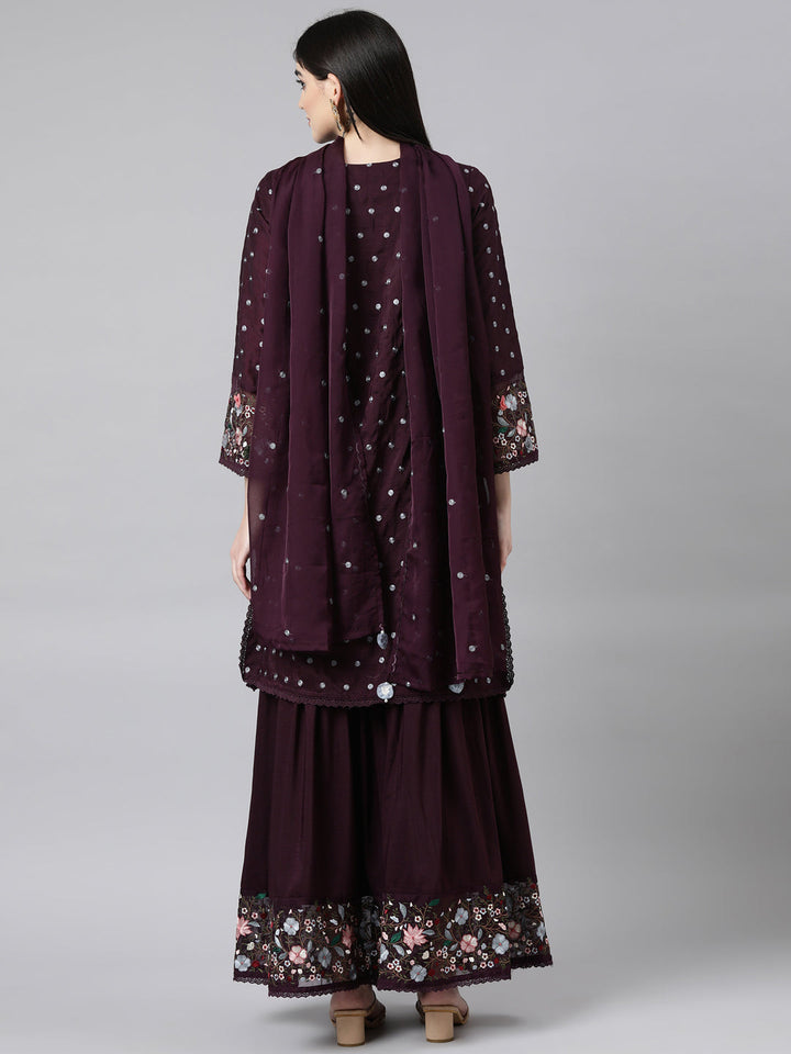 Neerus Purple silk printed sharara suit set - side view