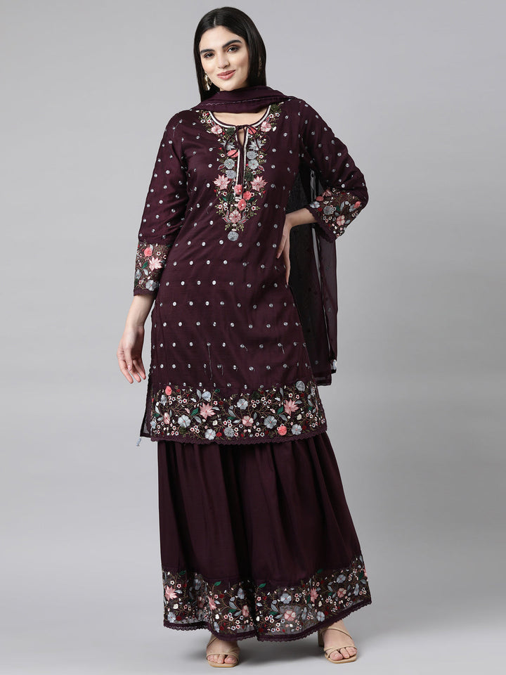 Neerus Purple silk printed sharara suit set - detail view 2