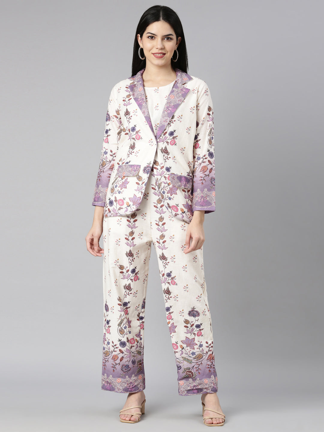 Neerus Purple floral printed co-ord set top and trouser - front view