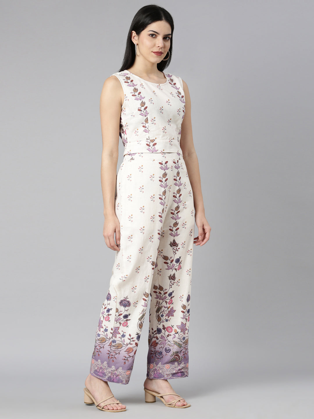 Neerus Purple floral printed co-ord set top and trouser - back view