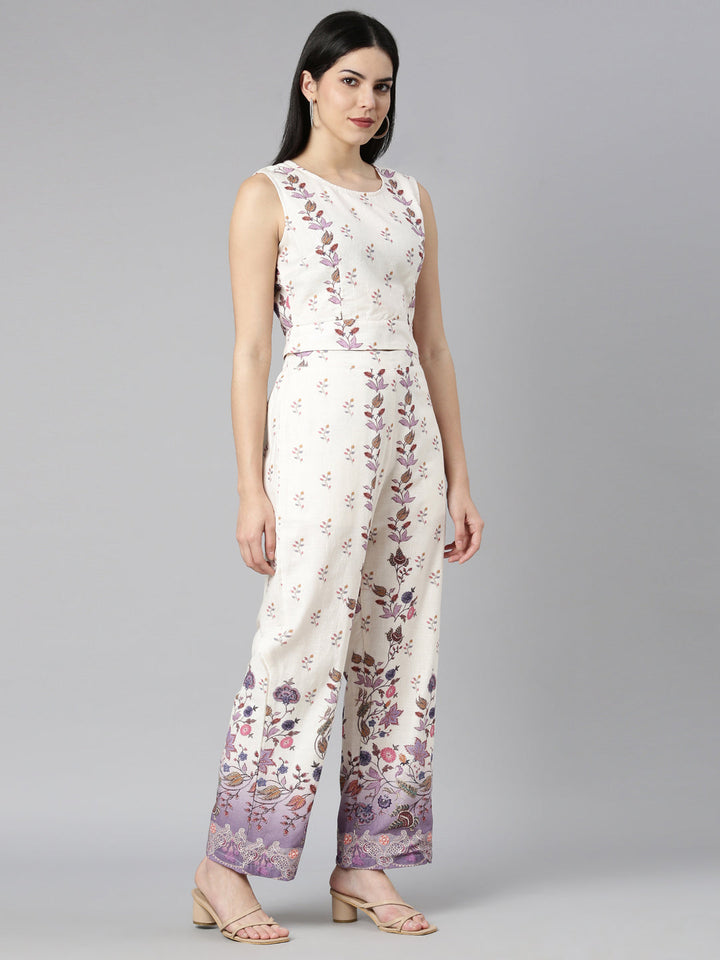 Neerus Purple floral printed co-ord set top and trouser - back view