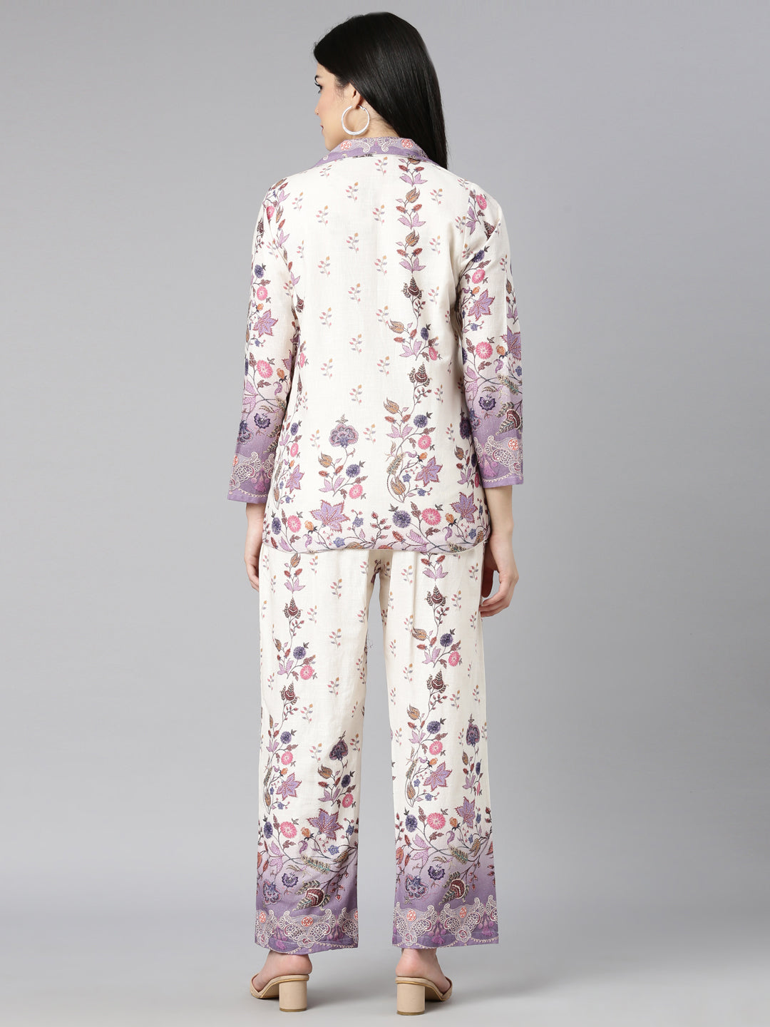 Neerus Purple floral printed co-ord set top and trouser - side view
