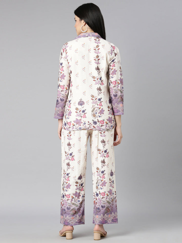 Neerus Purple floral printed co-ord set top and trouser - side view