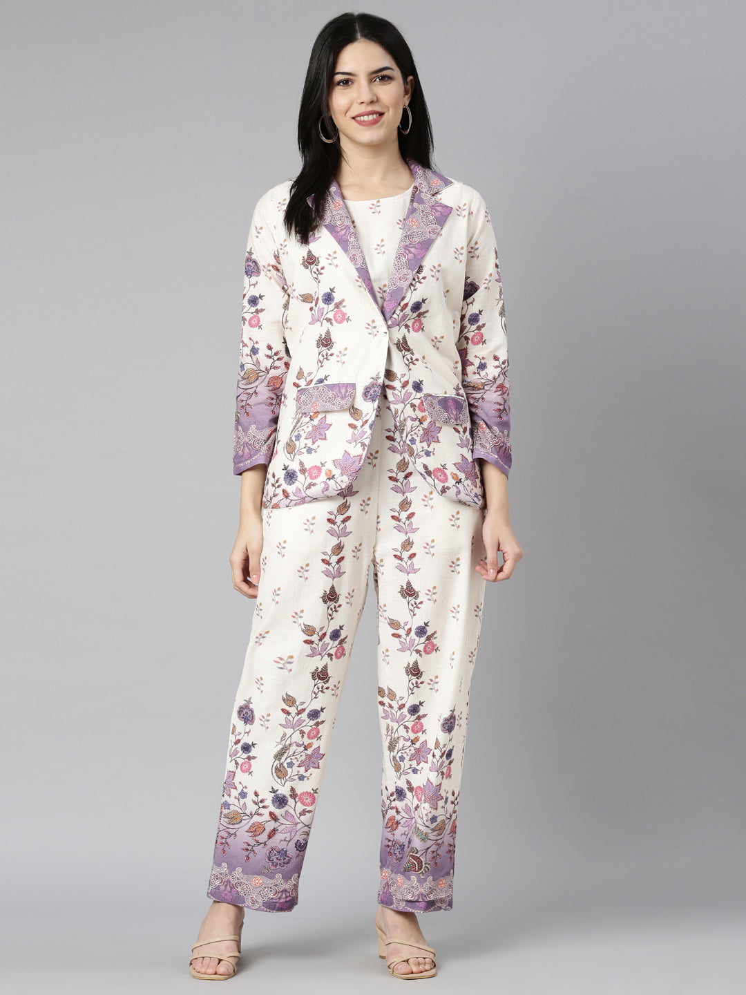 Neerus Purple floral printed co-ord set top and trouser - detail view 2