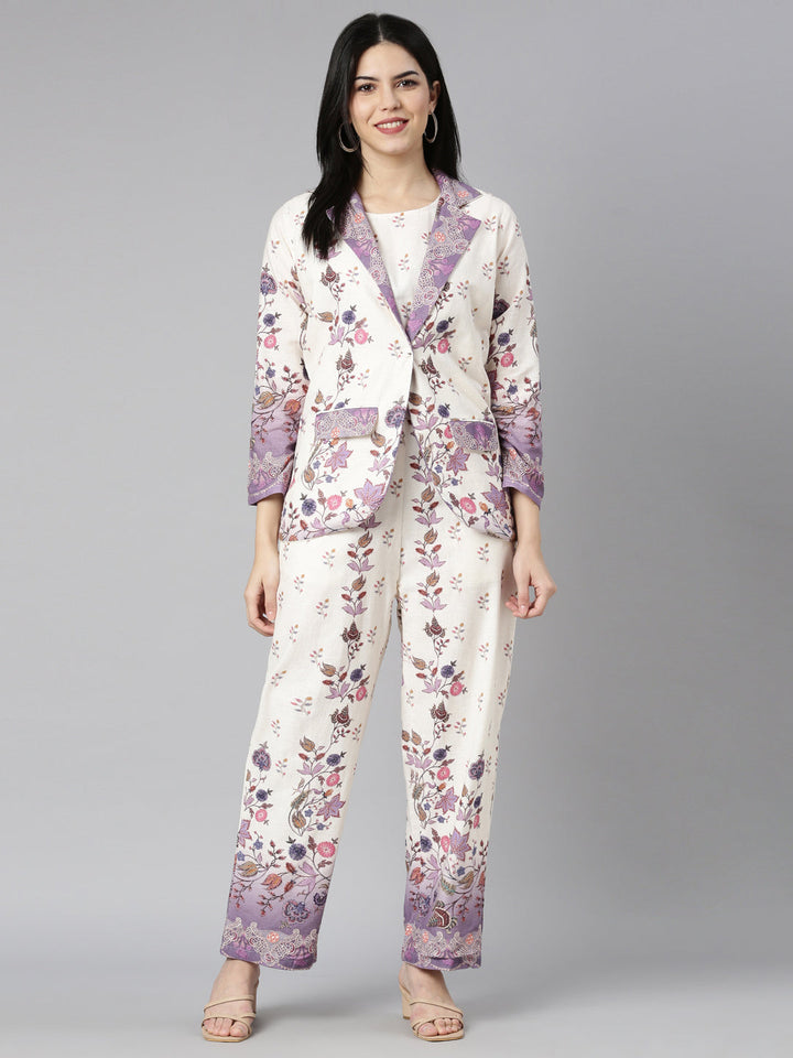 Neerus Purple floral printed co-ord set top and trouser - detail view 2