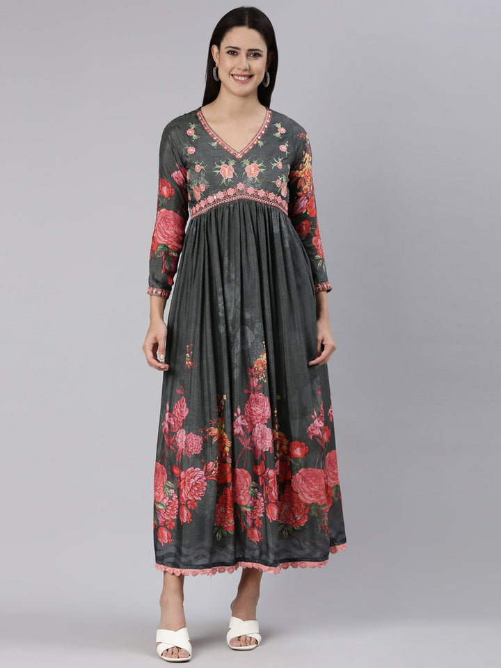 Neerus Grey Straight Casual Floral Dress