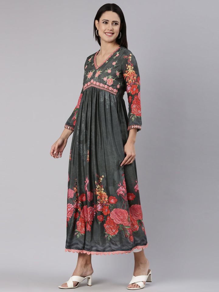 Neerus Grey Straight Casual Floral Dress