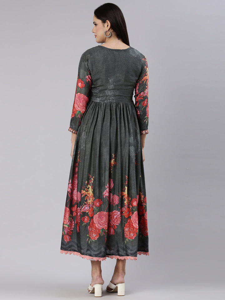 Neerus Grey Straight Casual Floral Dress